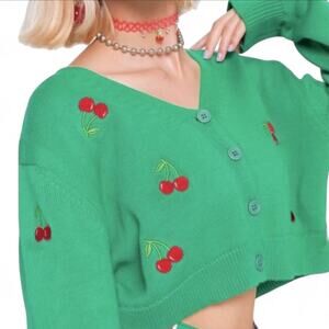 Sweet & Sinful green cherry print cardigan sweater feminine retro 50’s